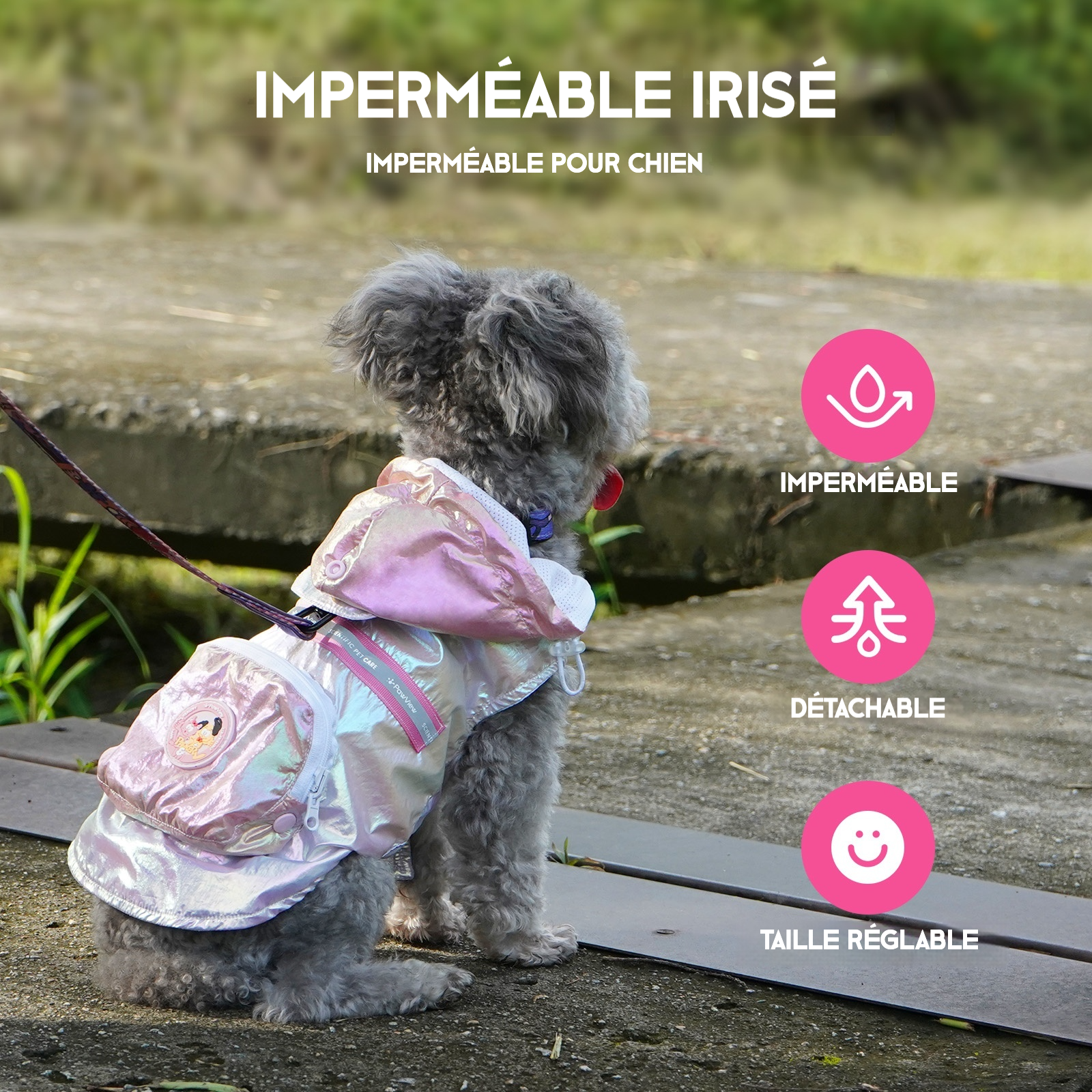 Pawview Iridescent Reflective Raincoat for Dogs, with Reflective Hood, Leash Hole, Built-in Backpack, Adjustable and Foldable Design, Suitable for Small to Large Dogs