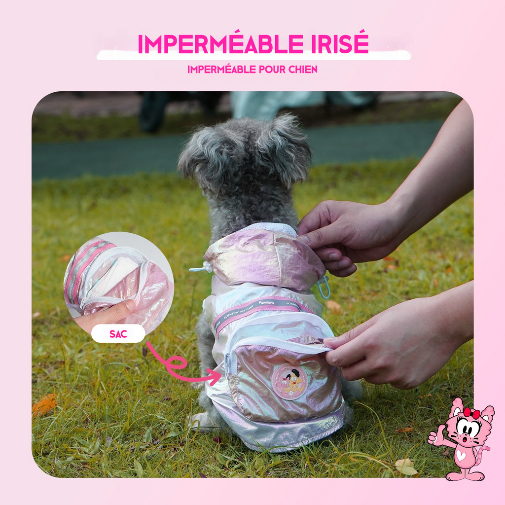Pawview Iridescent Reflective Raincoat for Dogs, with Reflective Hood, Leash Hole, Built-in Backpack, Adjustable and Foldable Design, Suitable for Small to Large Dogs