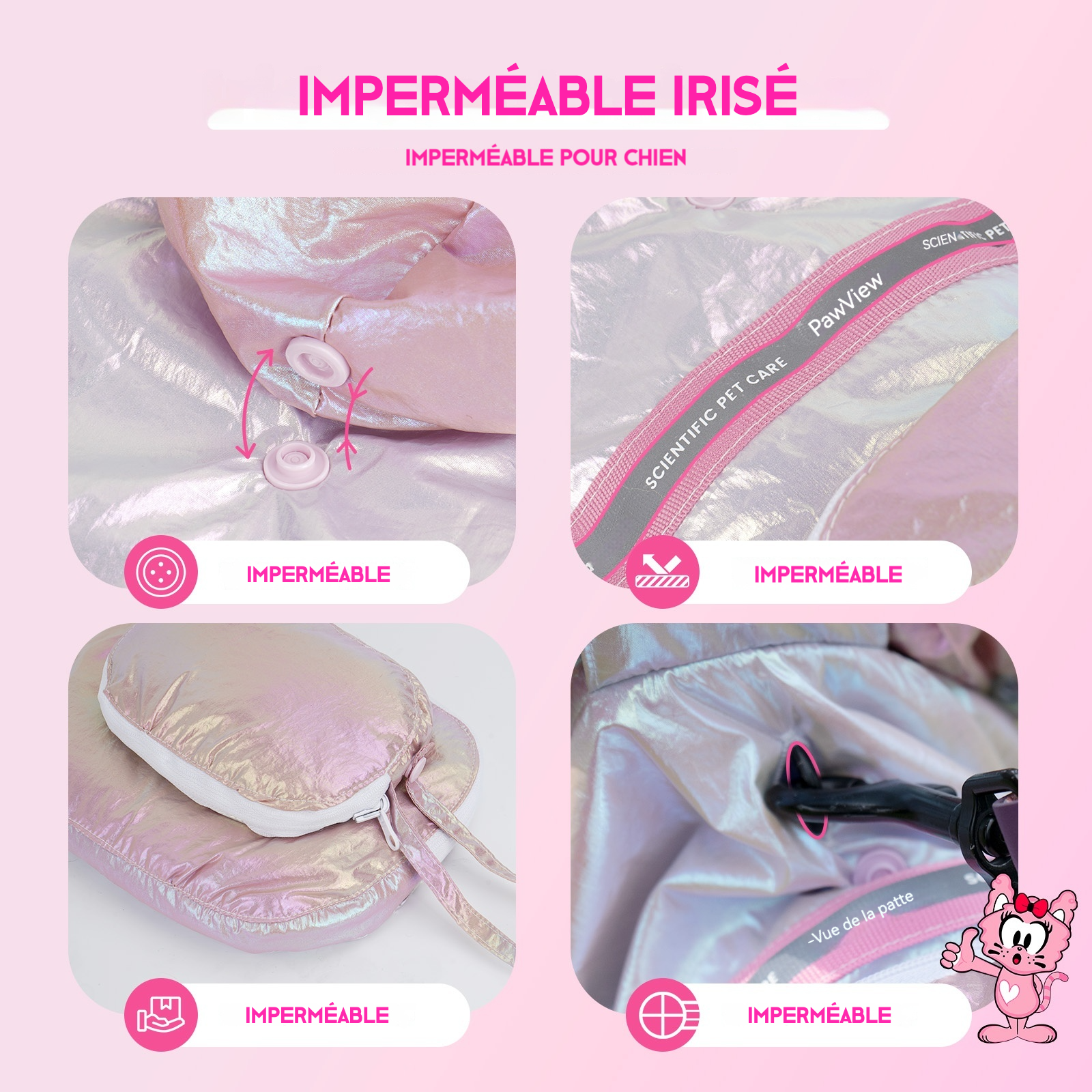 Pawview Iridescent Reflective Raincoat for Dogs, with Reflective Hood, Leash Hole, Built-in Backpack, Adjustable and Foldable Design, Suitable for Small to Large Dogs