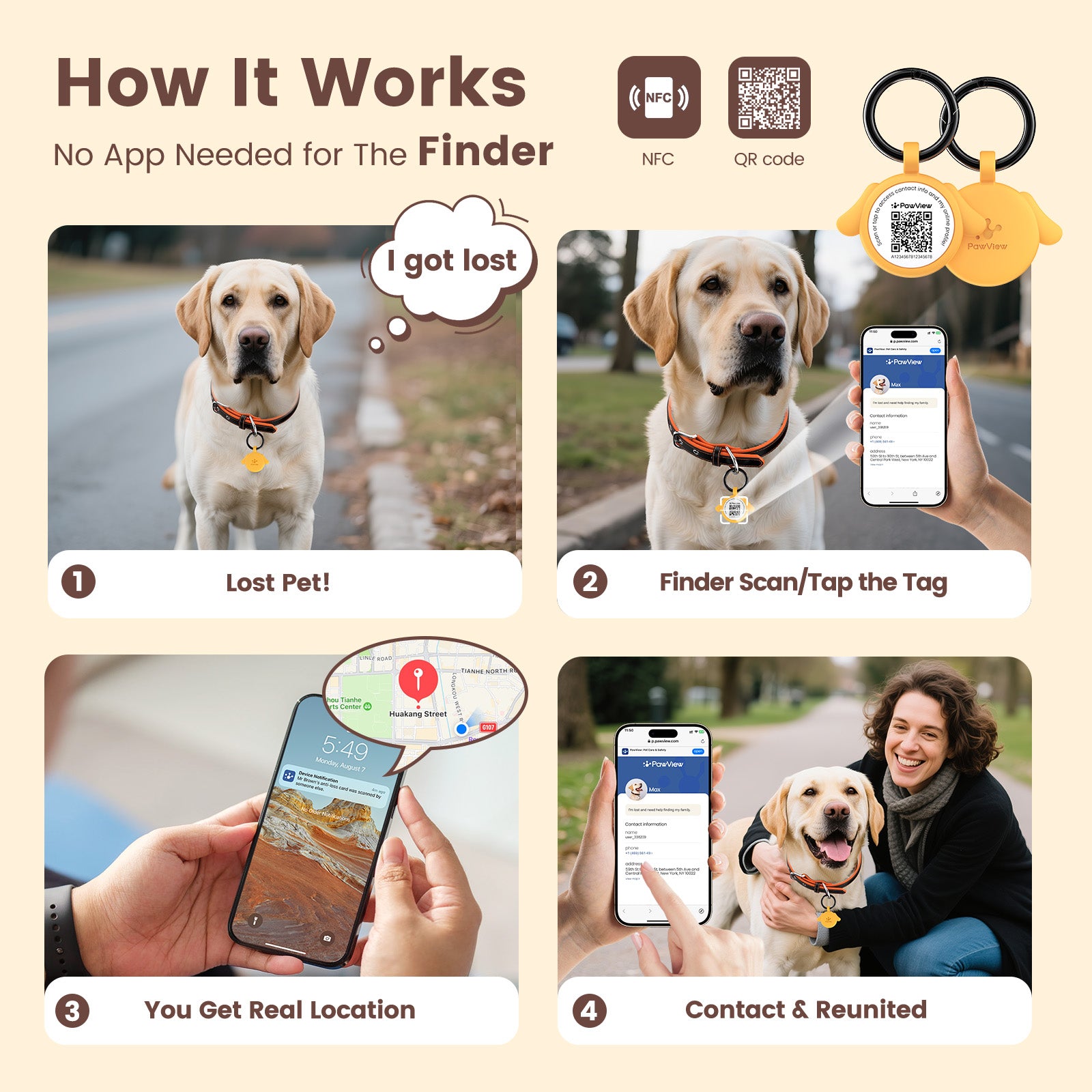 PawView Dog ID Tag with QR Code &amp; NFC, Silent Silicone, Customizable for Pets, QR Scan for Instant Location Alerts and Editable Pet Profile