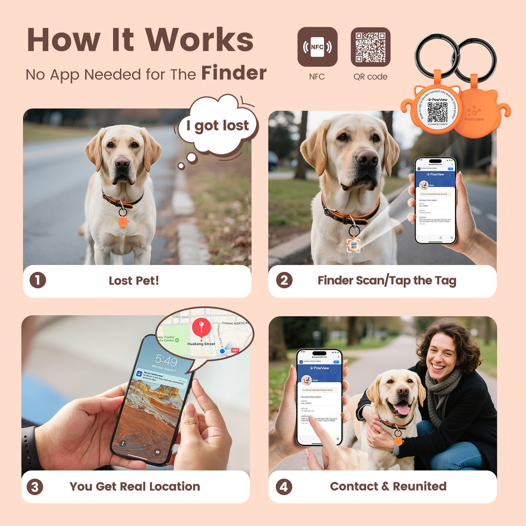 PawView Dog ID Tag with QR Code &amp; NFC, Silent Silicone, Customizable for Pets, QR Scan for Instant Location Alerts and Editable Pet Profile