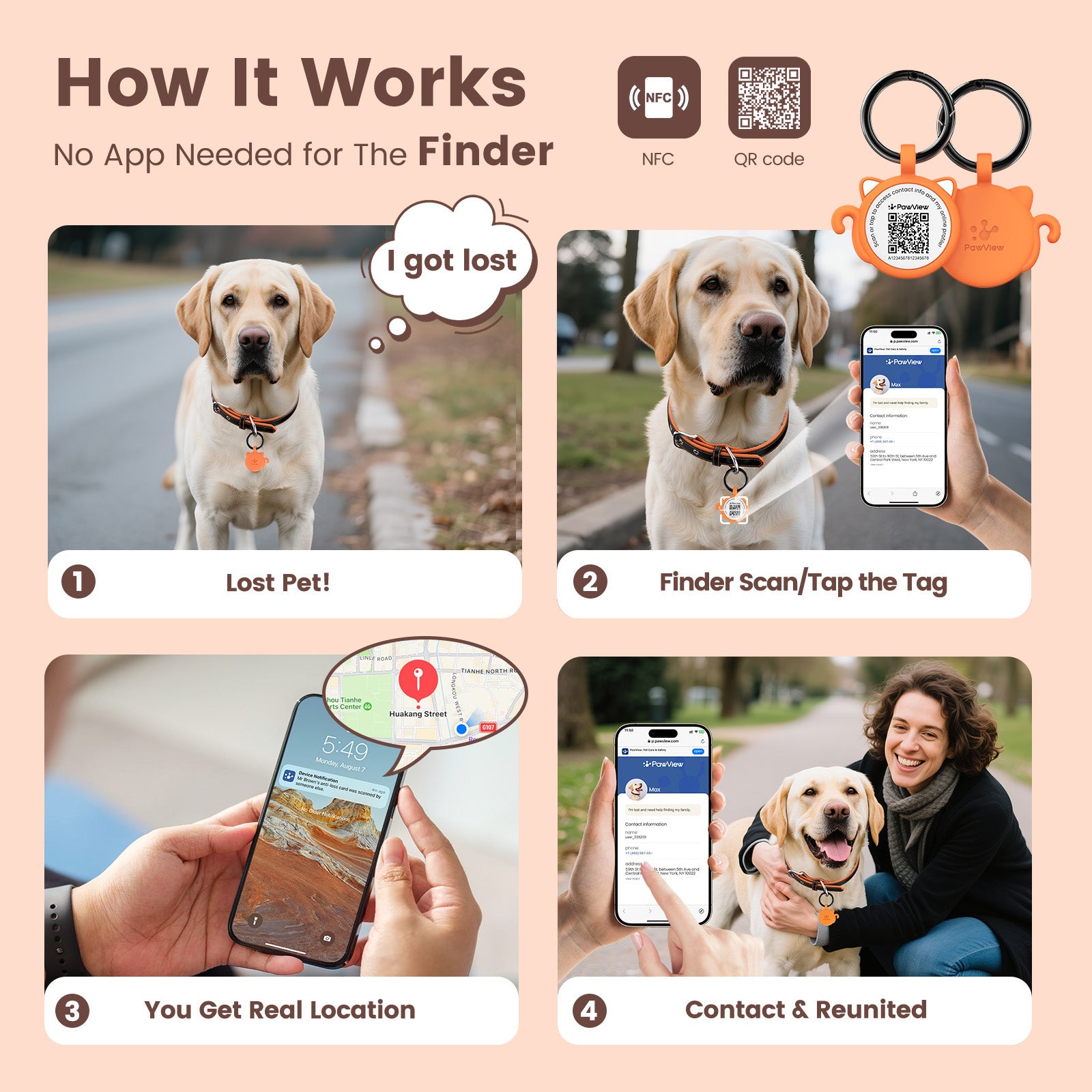 PawView Dog ID Tag with QR Code &amp; NFC, Silent Silicone, Customizable for Pets, QR Scan for Instant Location Alerts and Editable Pet Profile