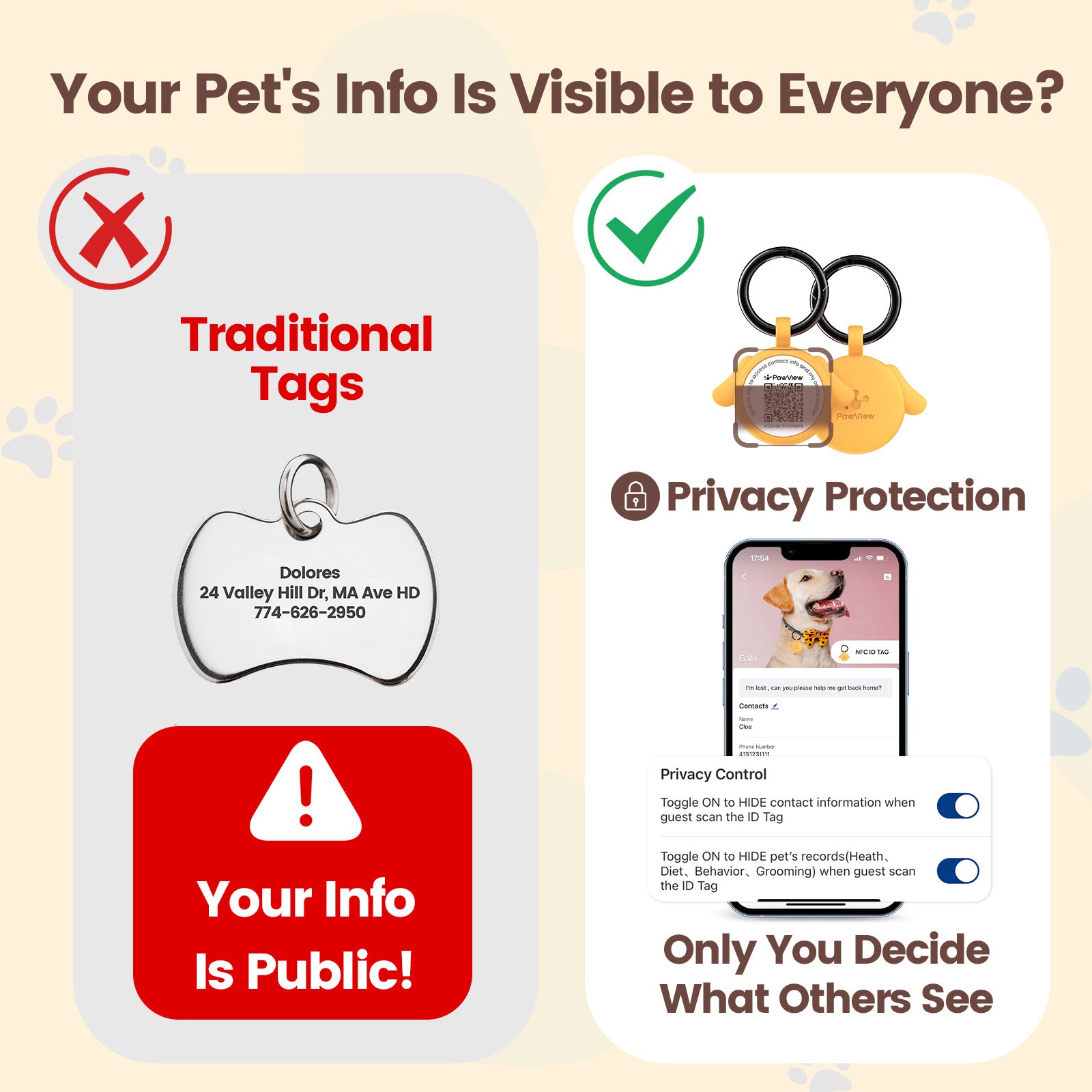 PawView Dog ID Tag with QR Code &amp; NFC, Silent Silicone, Customizable for Pets, QR Scan for Instant Location Alerts and Editable Pet Profile