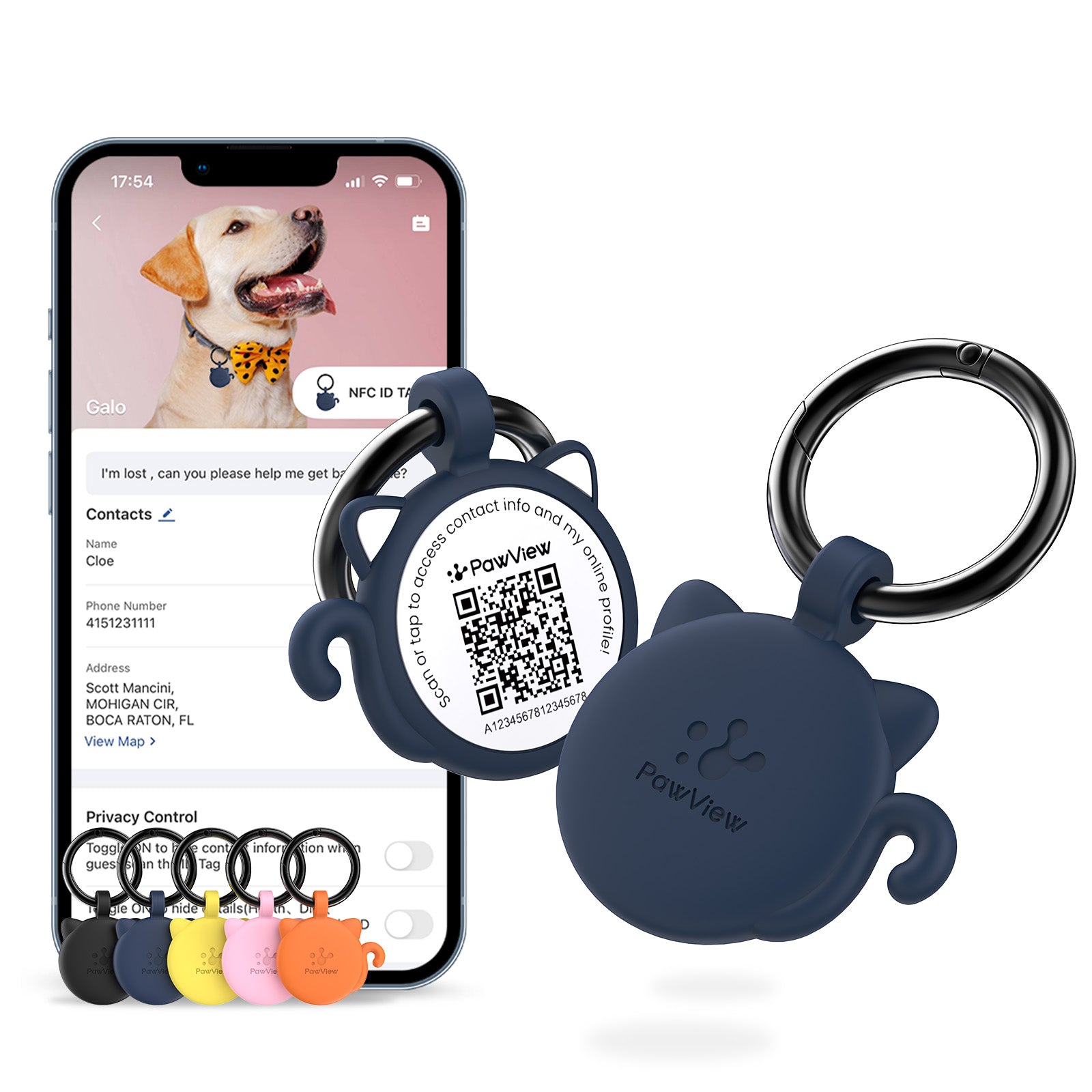 PawView Dog ID Tag with QR Code &amp; NFC, Silent Silicone, Customizable for Pets, QR Scan for Instant Location Alerts and Editable Pet Profile