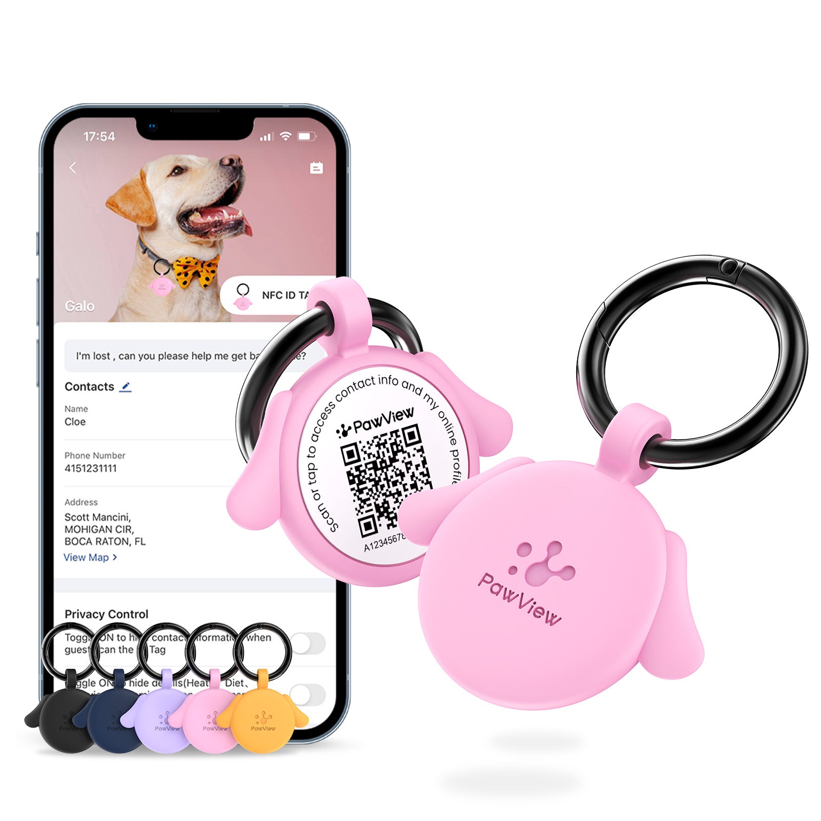 PawView Dog ID Tag with QR Code &amp; NFC, Silent Silicone, Customizable for Pets, QR Scan for Instant Location Alerts and Editable Pet Profile