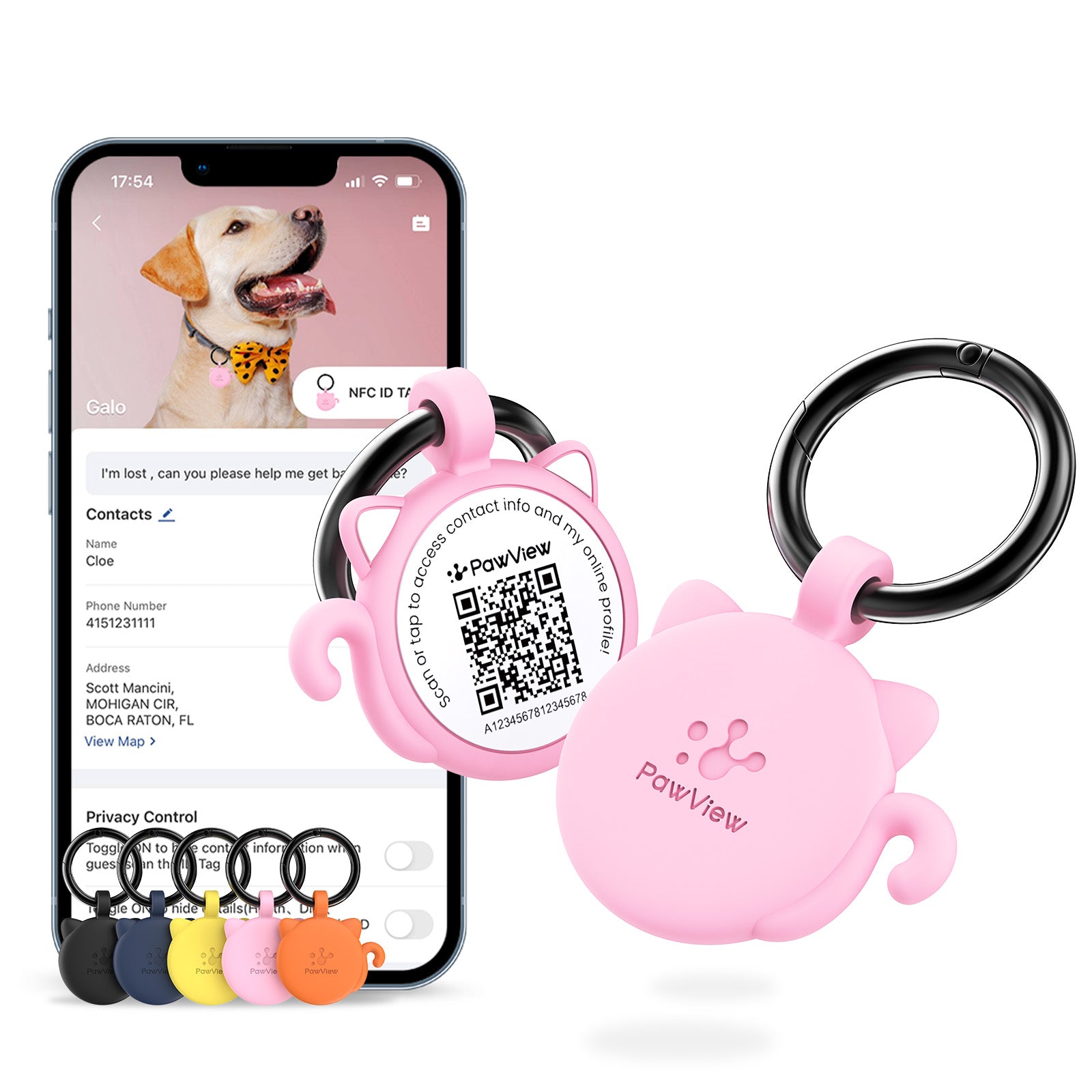PawView Dog ID Tag with QR Code &amp; NFC, Silent Silicone, Customizable for Pets, QR Scan for Instant Location Alerts and Editable Pet Profile