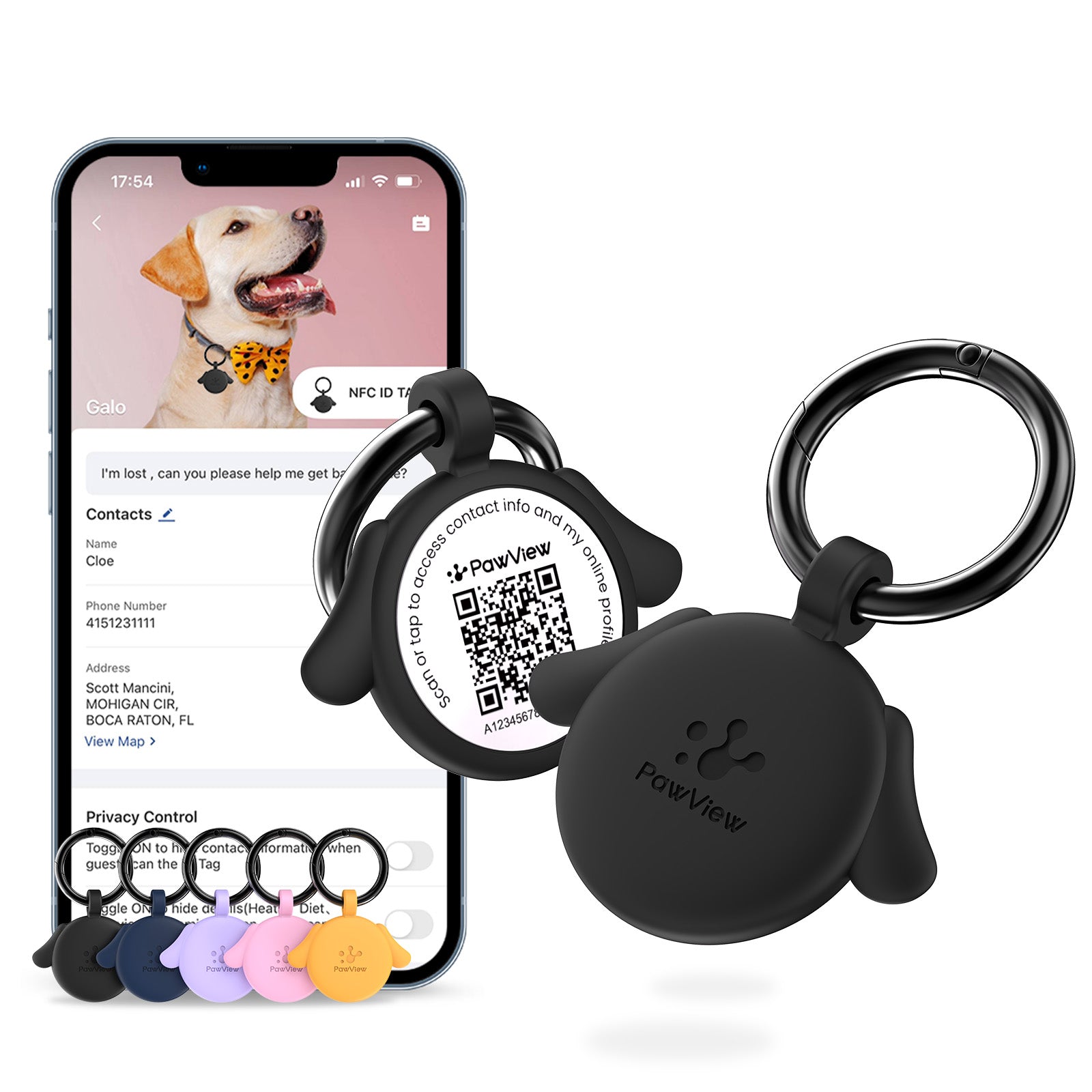 PawView Dog ID Tag with QR Code &amp; NFC, Silent Silicone, Customizable for Pets, QR Scan for Instant Location Alerts and Editable Pet Profile