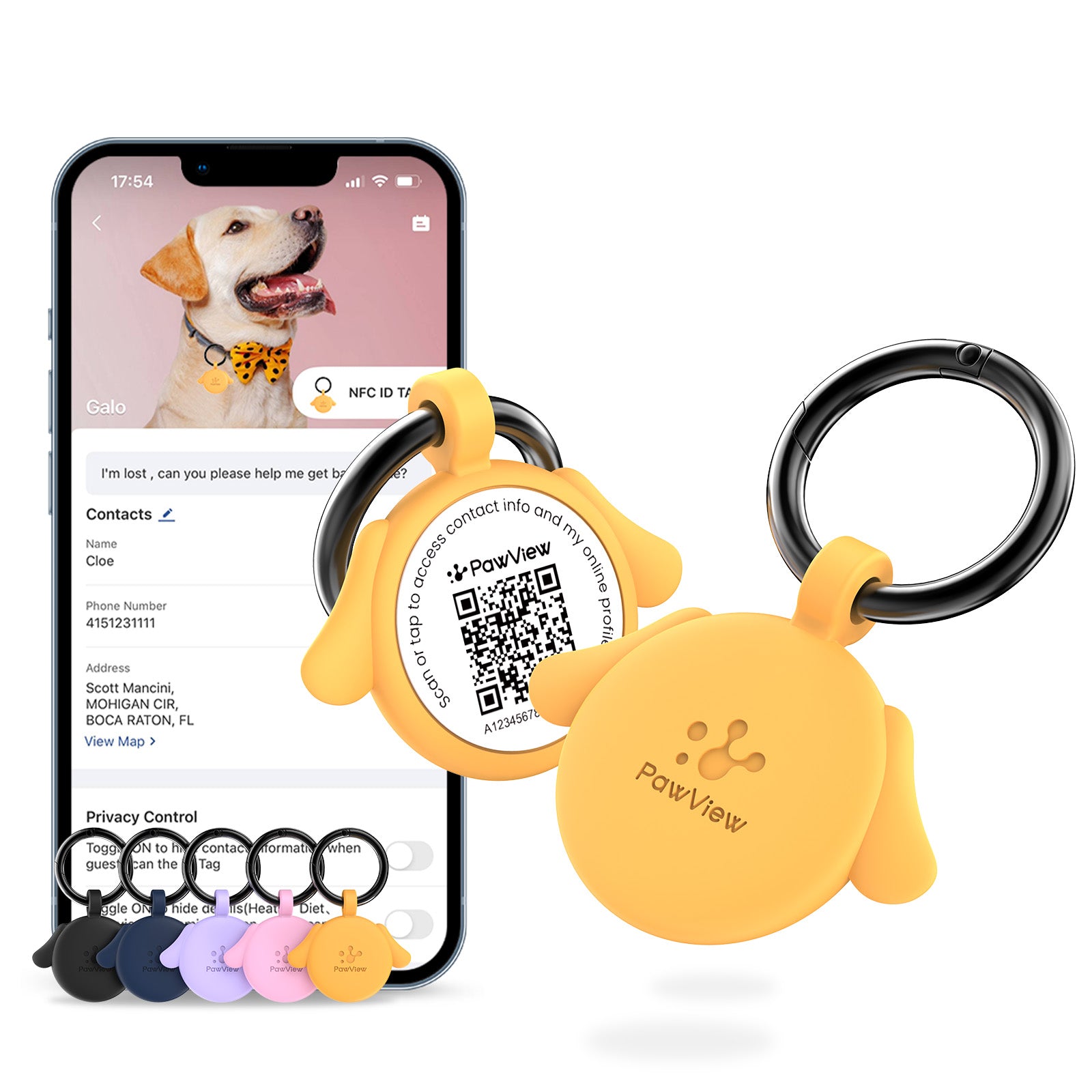 PawView Dog ID Tag with QR Code &amp; NFC, Silent Silicone, Customizable for Pets, QR Scan for Instant Location Alerts and Editable Pet Profile