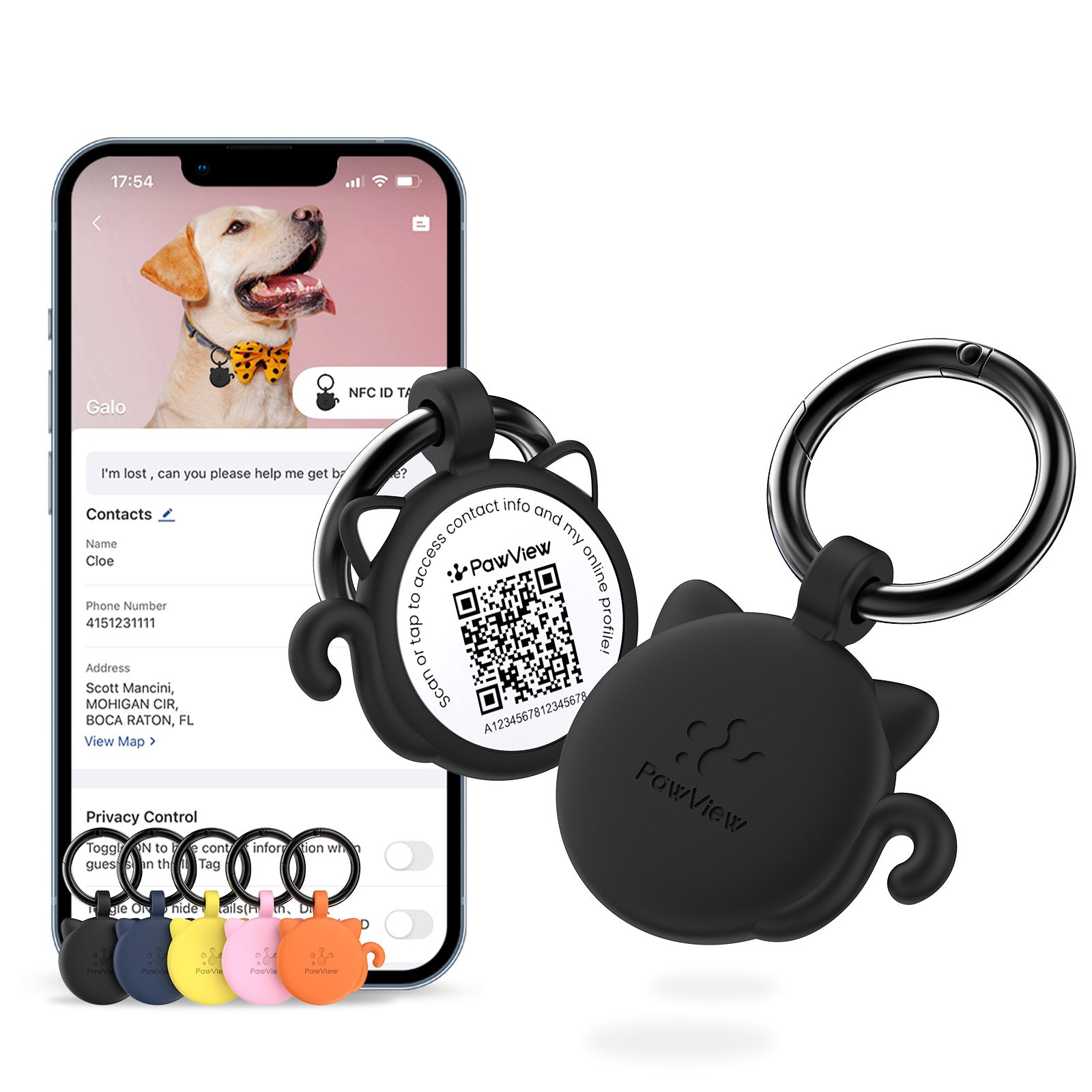 PawView Dog ID Tag with QR Code &amp; NFC, Silent Silicone, Customizable for Pets, QR Scan for Instant Location Alerts and Editable Pet Profile