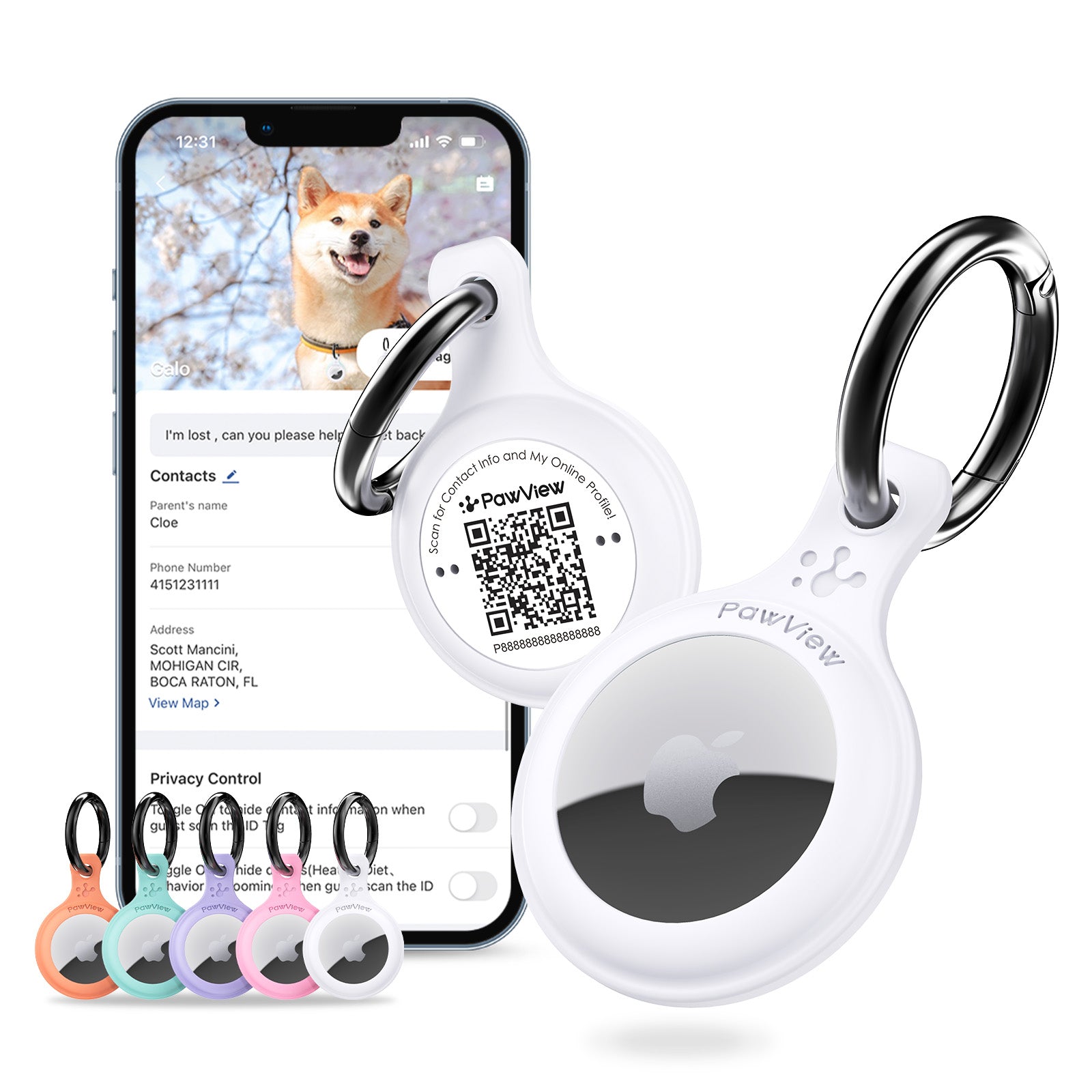 PawView TN002 Smart AirTag Holder, QR Code Collar Holder for Cats and Dogs