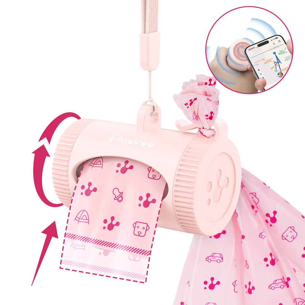 Dog waste bag dispenser, retractable dispenser with trash bag hook, lightweight dog waste bag dispenser with smart health tracking, quick refill, includes 15 leak-proof bags