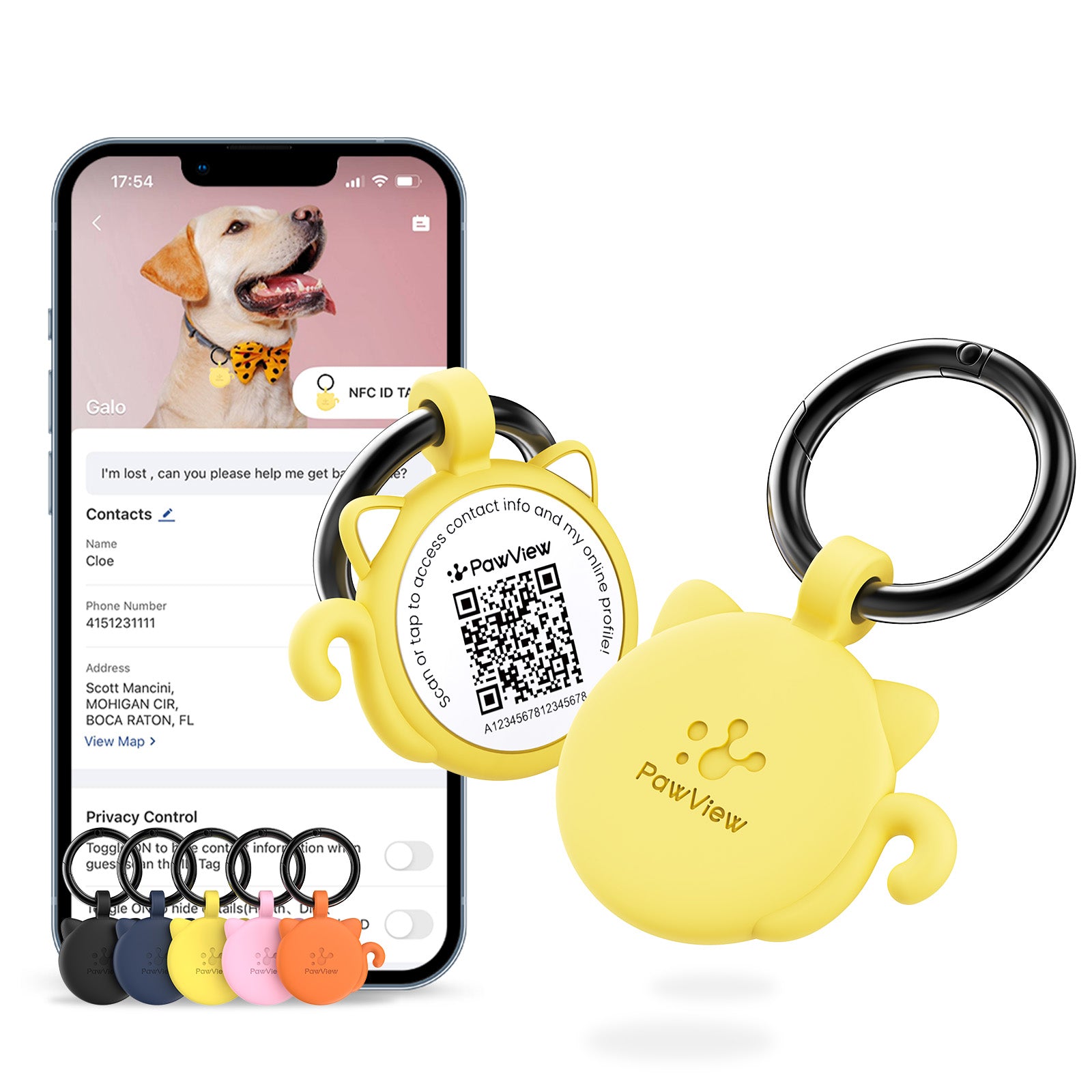 PawView Dog ID Tag with QR Code &amp; NFC, Silent Silicone, Customizable for Pets, QR Scan for Instant Location Alerts and Editable Pet Profile