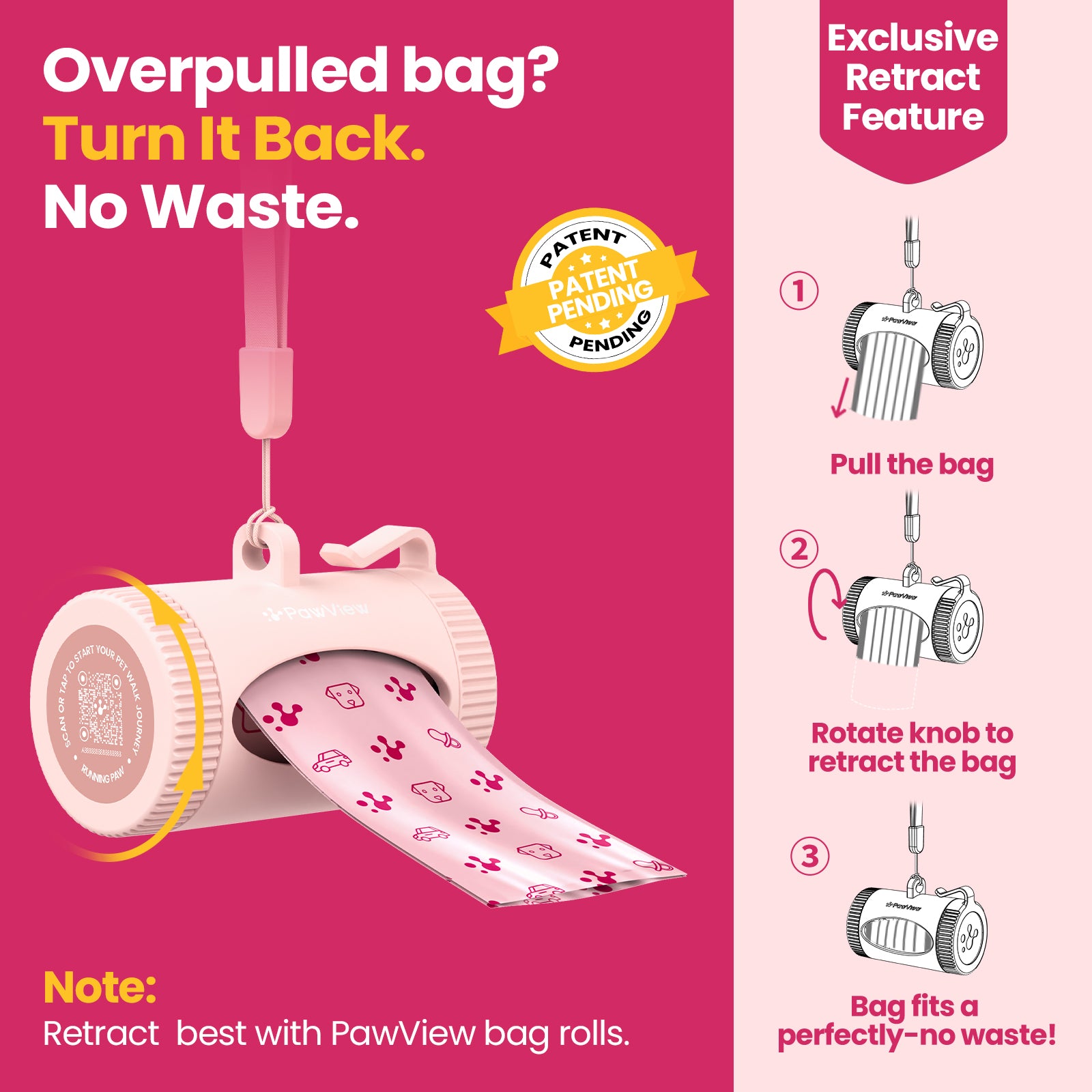Dog waste bag dispenser, retractable dispenser with trash bag hook, lightweight dog waste bag dispenser with smart health tracking, quick refill, includes 15 leak-proof bags