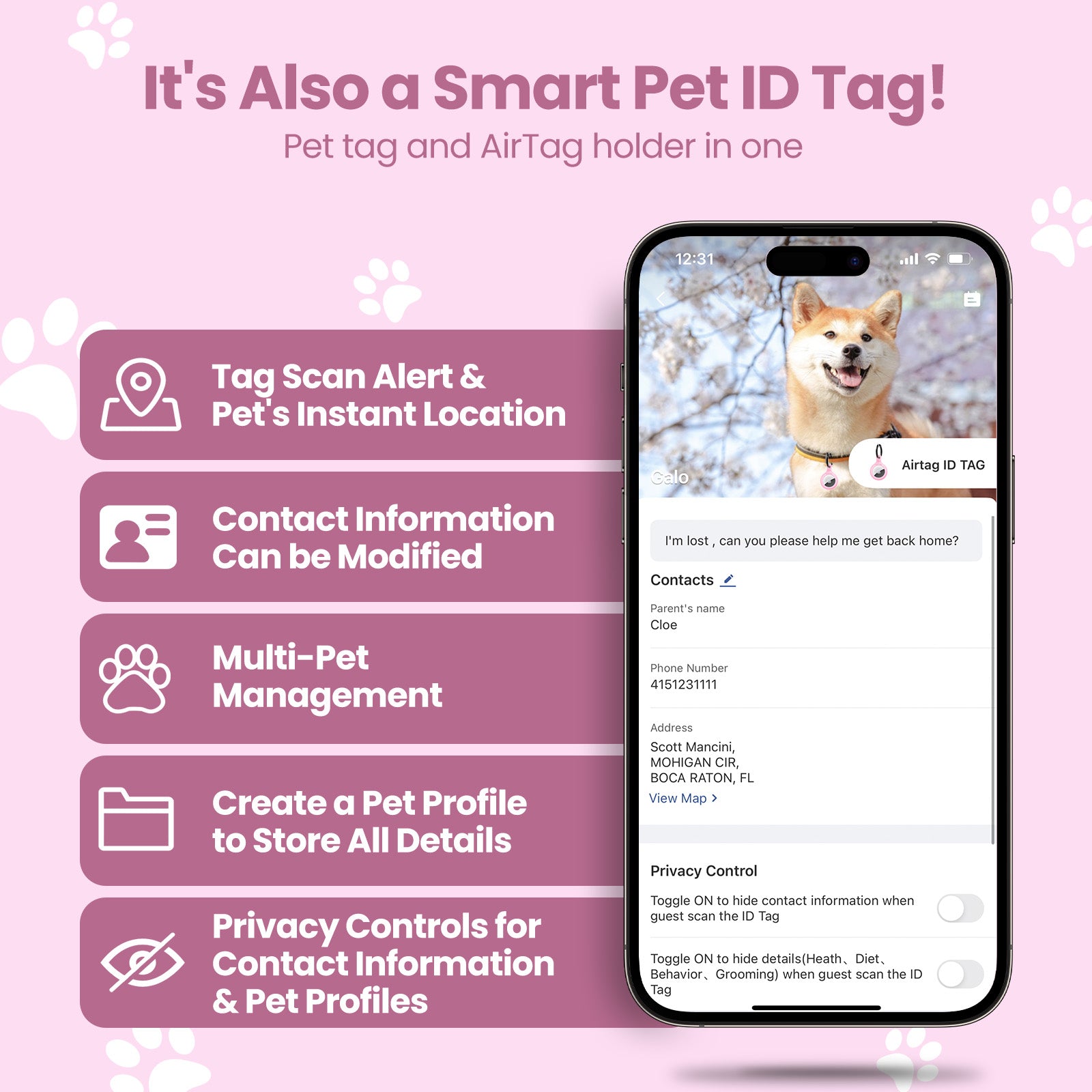 PawView TN002 Smart AirTag Holder, QR Code Collar Holder for Cats and Dogs