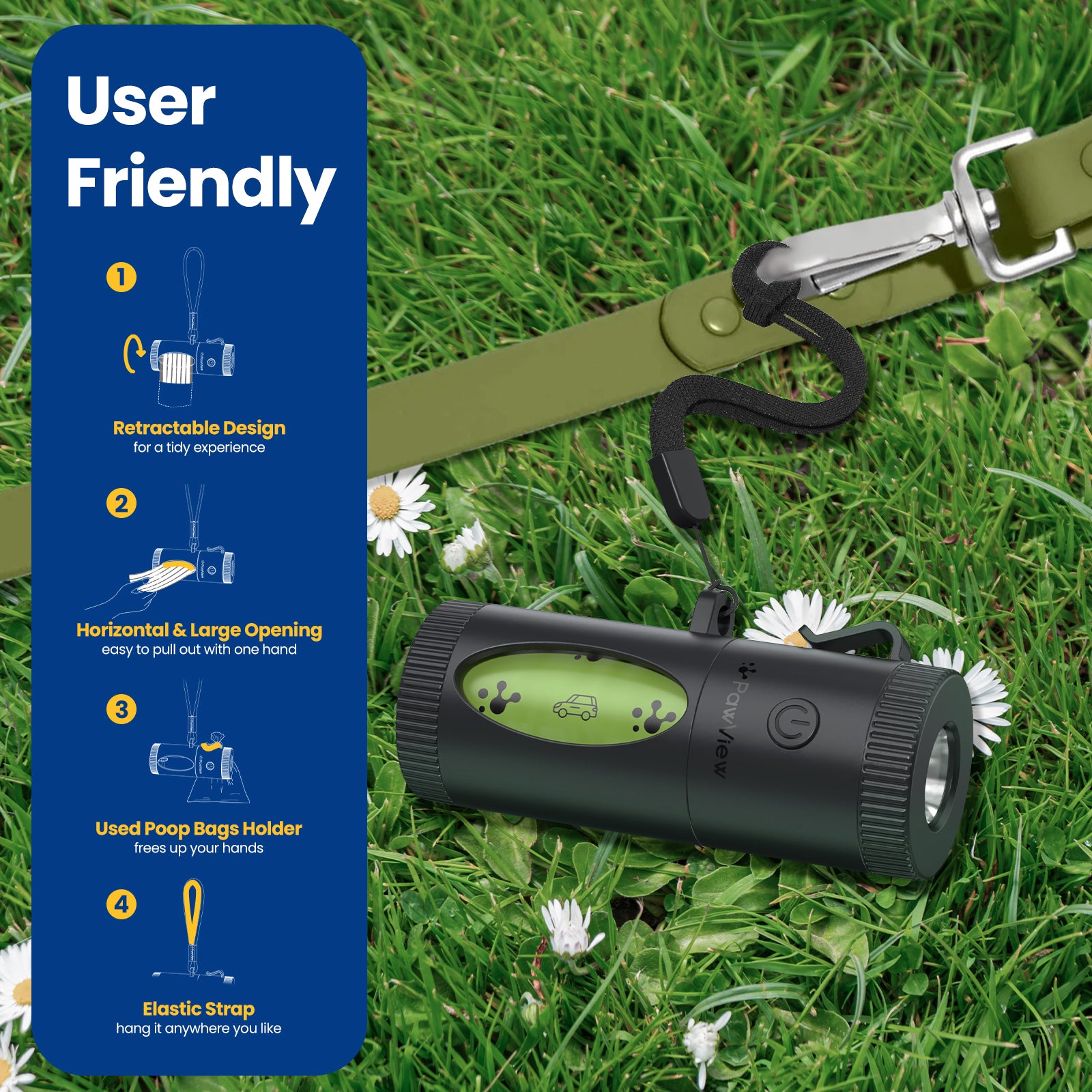 PawView Distributeur de sac à merde Smart, avec fonction rétractable, lampe de poche intégrée, patte de course intelligente