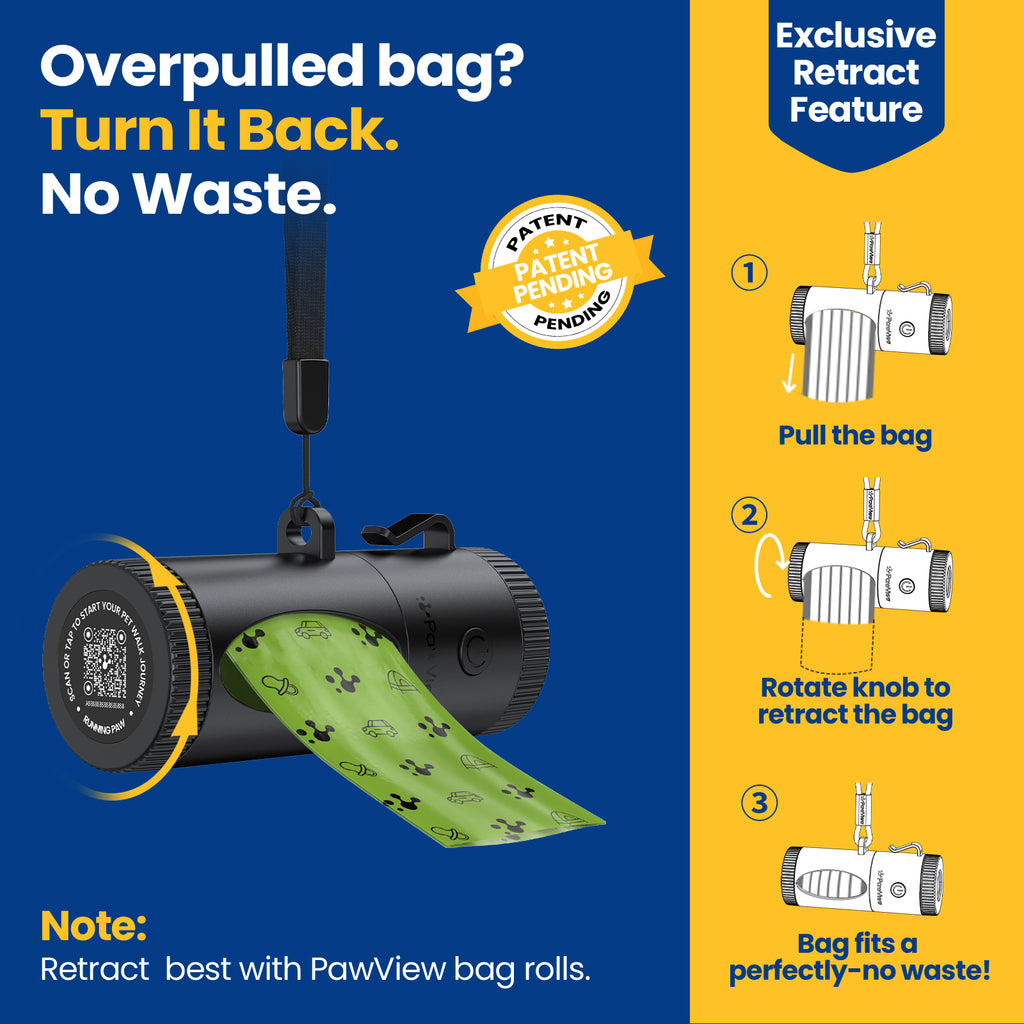 PawView Distributeur de sac à merde Smart, avec fonction rétractable, lampe de poche intégrée, patte de course intelligente
