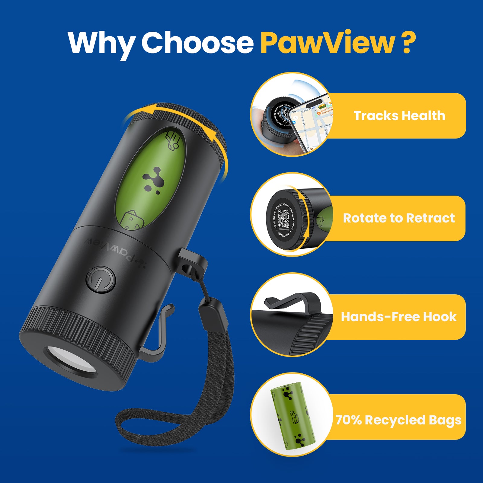 PawView Distributeur de sac à merde Smart, avec fonction rétractable, lampe de poche intégrée, patte de course intelligente