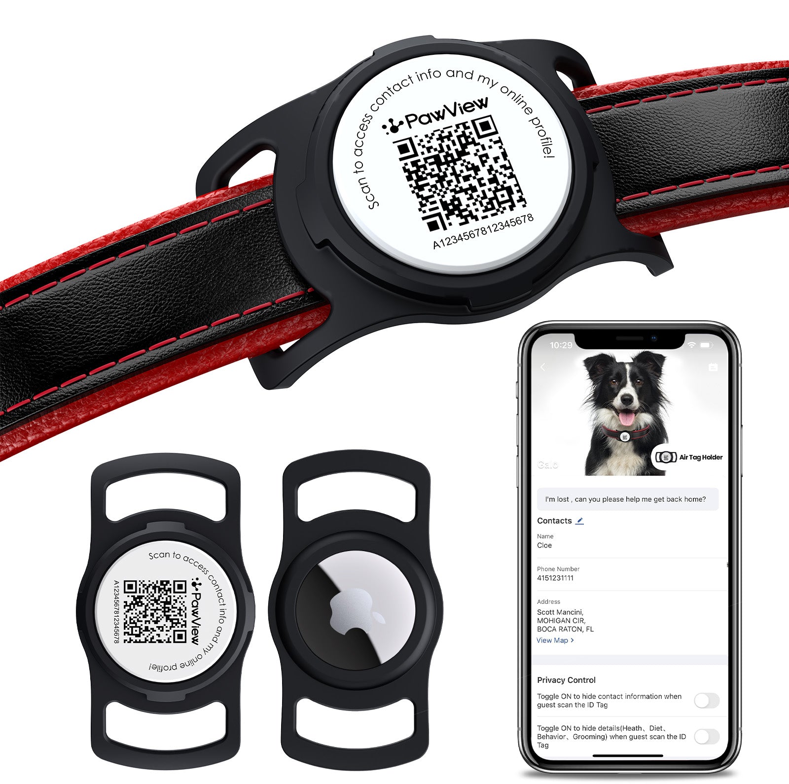PawView TN005 Smart AirTag Holder, QR Code Collar Holder for Cats and Dogs