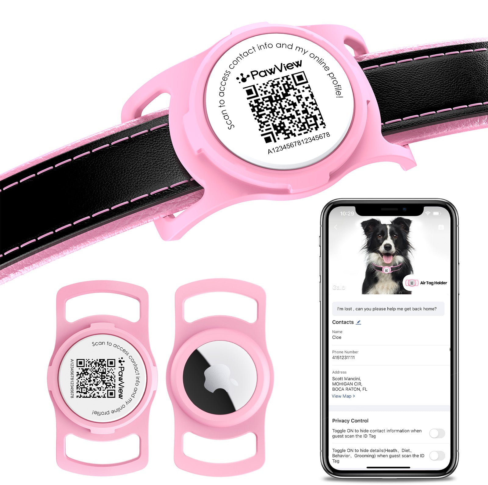 PawView TN005 Smart AirTag Holder, QR Code Collar Holder for Cats and Dogs