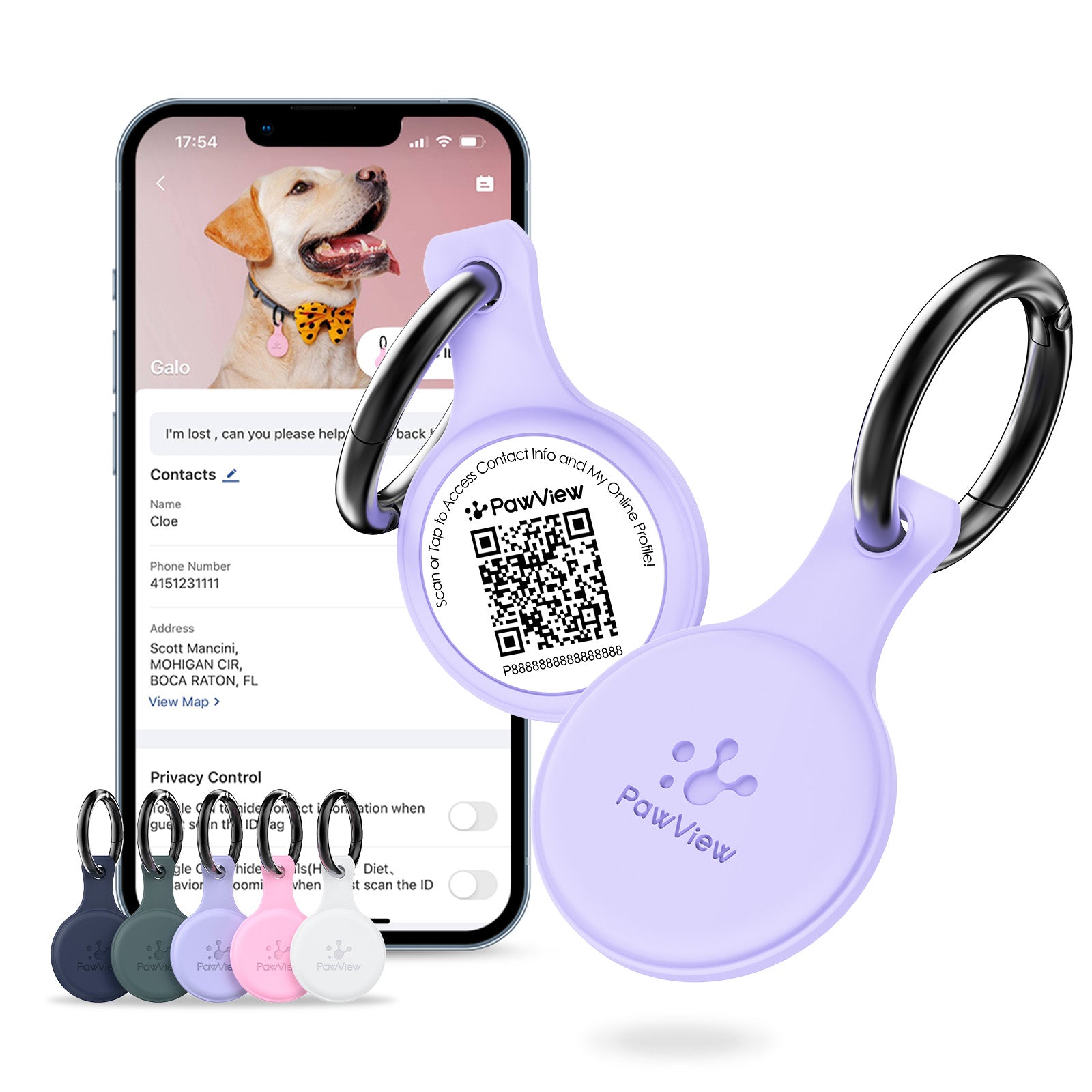PawView TN001 Anti-loss NFC &amp; QR Code Pet ID Tag, Smart Silent Silicone Pet Tag for Dogs and Cats