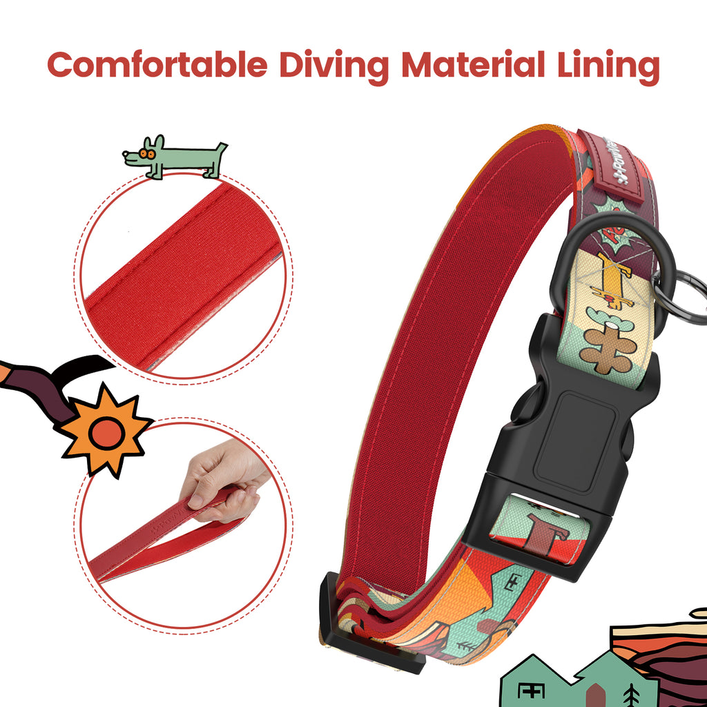 Dog collar and leash with smart ID tag – Adjustable, soft, padded, sturdy, comfortable set with cute pop art design for small, medium, and large dogs