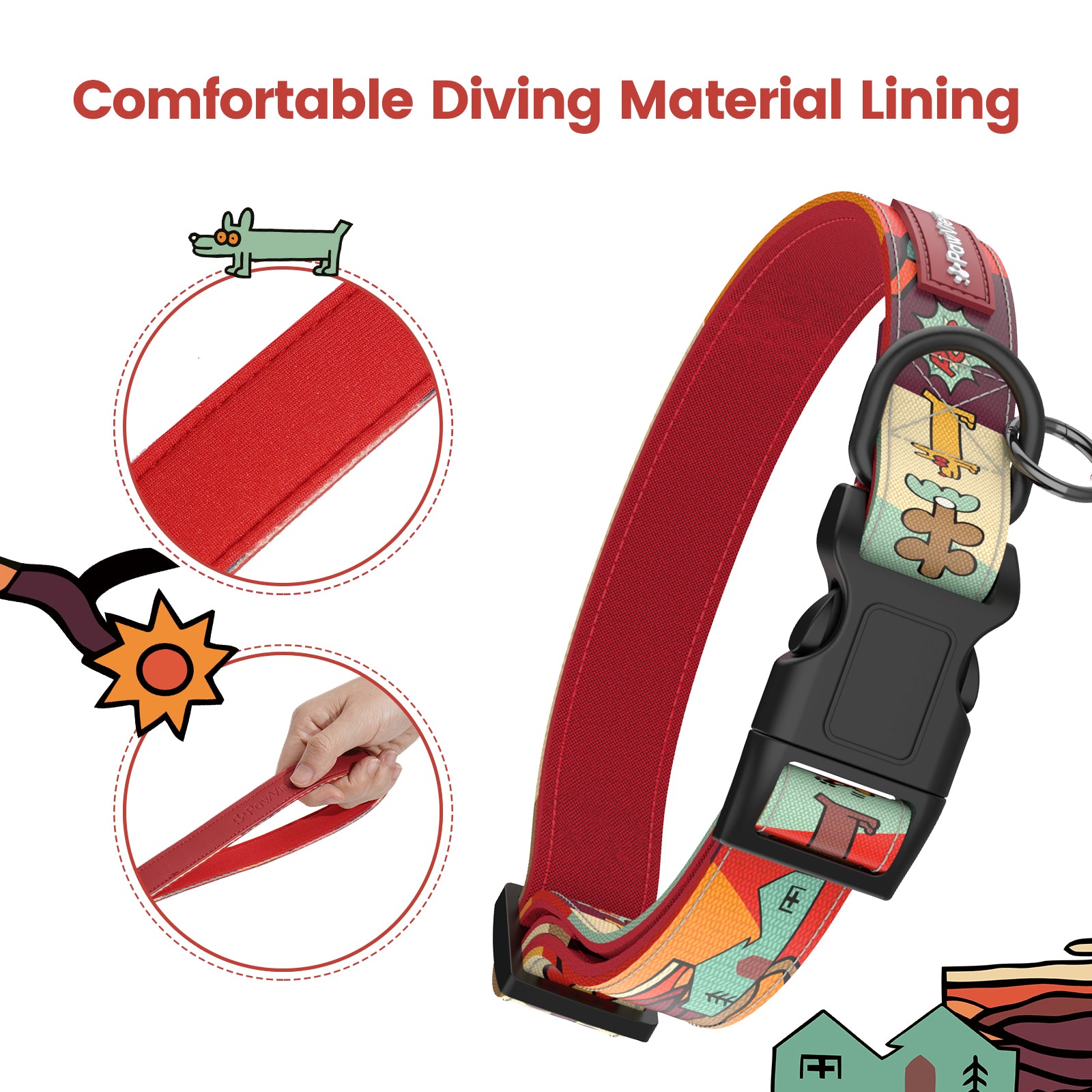 Dog collar and leash with smart ID tag – Adjustable, soft, padded, sturdy, comfortable set with cute pop art design for small, medium, and large dogs