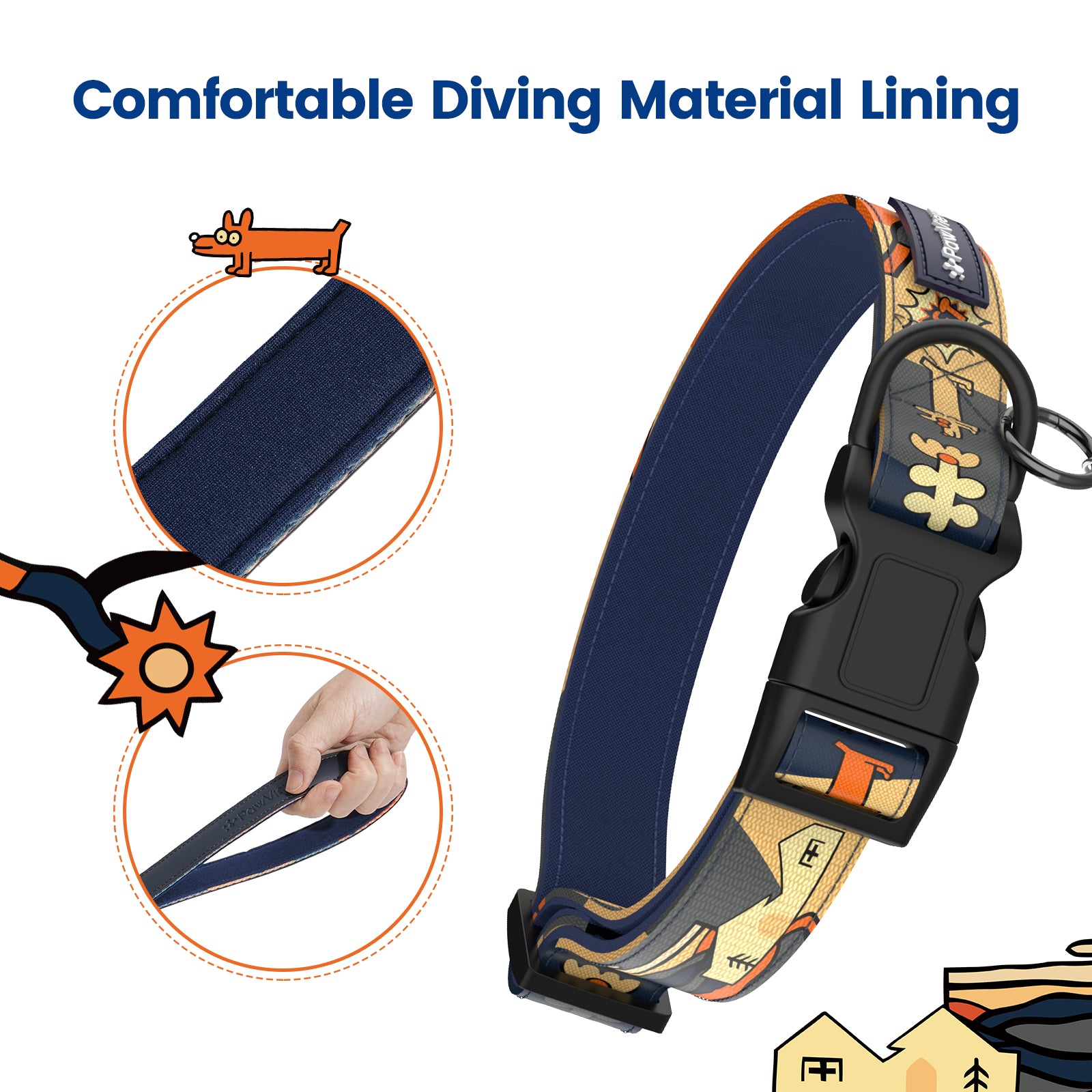 Dog collar and leash with smart ID tag – Adjustable, soft, padded, sturdy, comfortable set with cute pop art design for small, medium, and large dogs