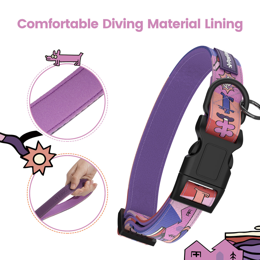 Dog collar and leash with smart ID tag – Adjustable, soft, padded, sturdy, comfortable set with cute pop art design for small, medium, and large dogs