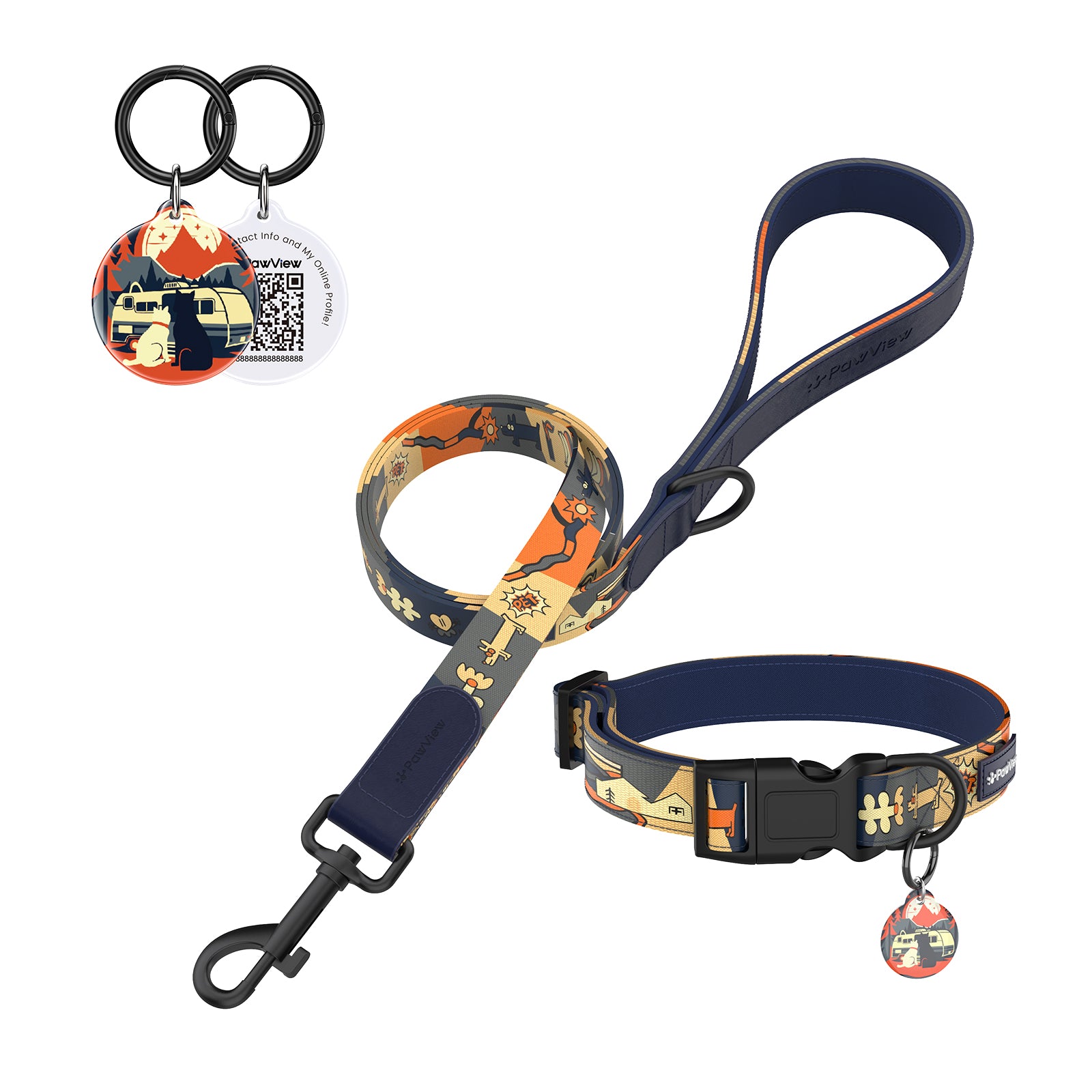 Dog collar and leash with smart ID tag – Adjustable, soft, padded, sturdy, comfortable set with cute pop art design for small, medium, and large dogs