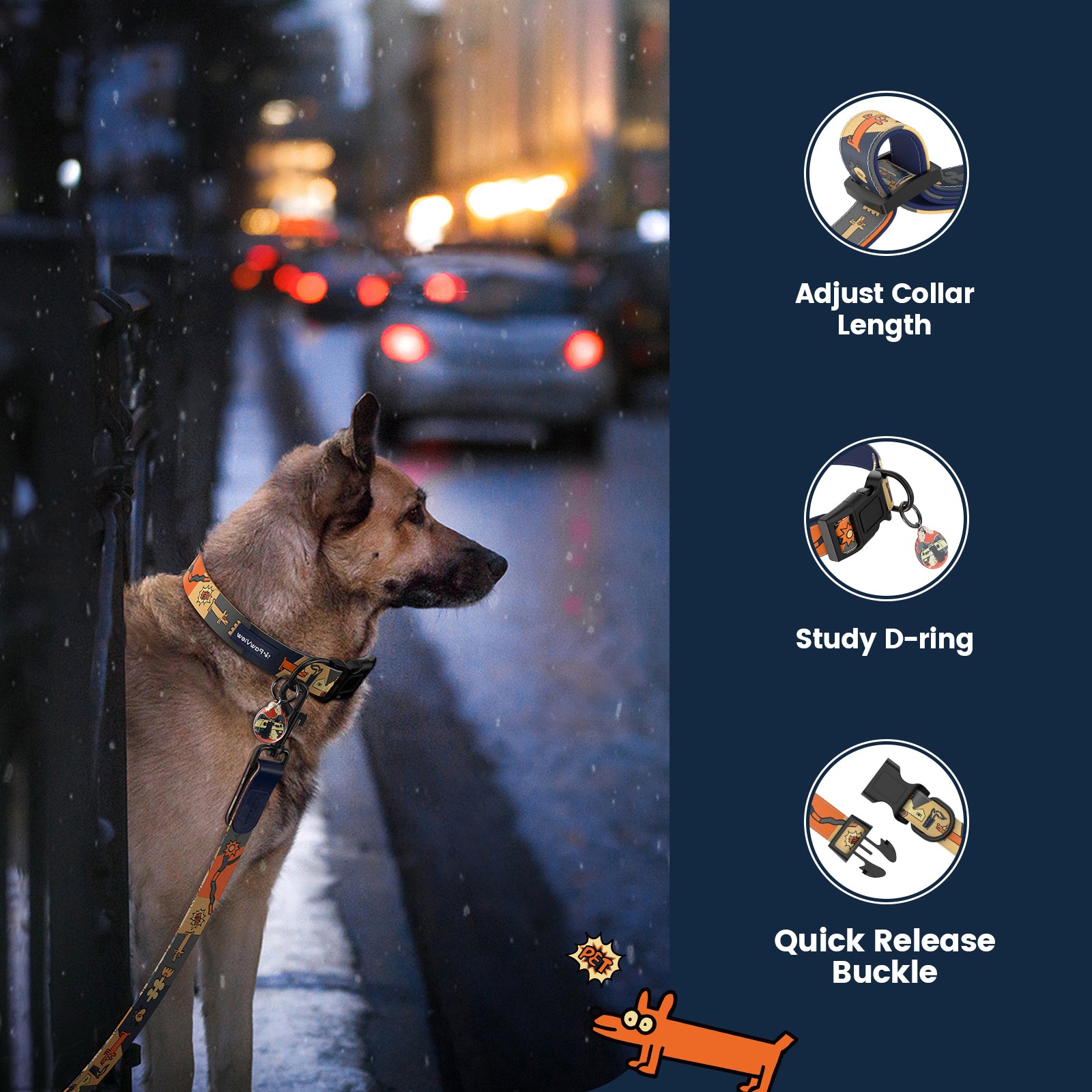 Dog collar and leash with smart ID tag – Adjustable, soft, padded, sturdy, comfortable set with cute pop art design for small, medium, and large dogs