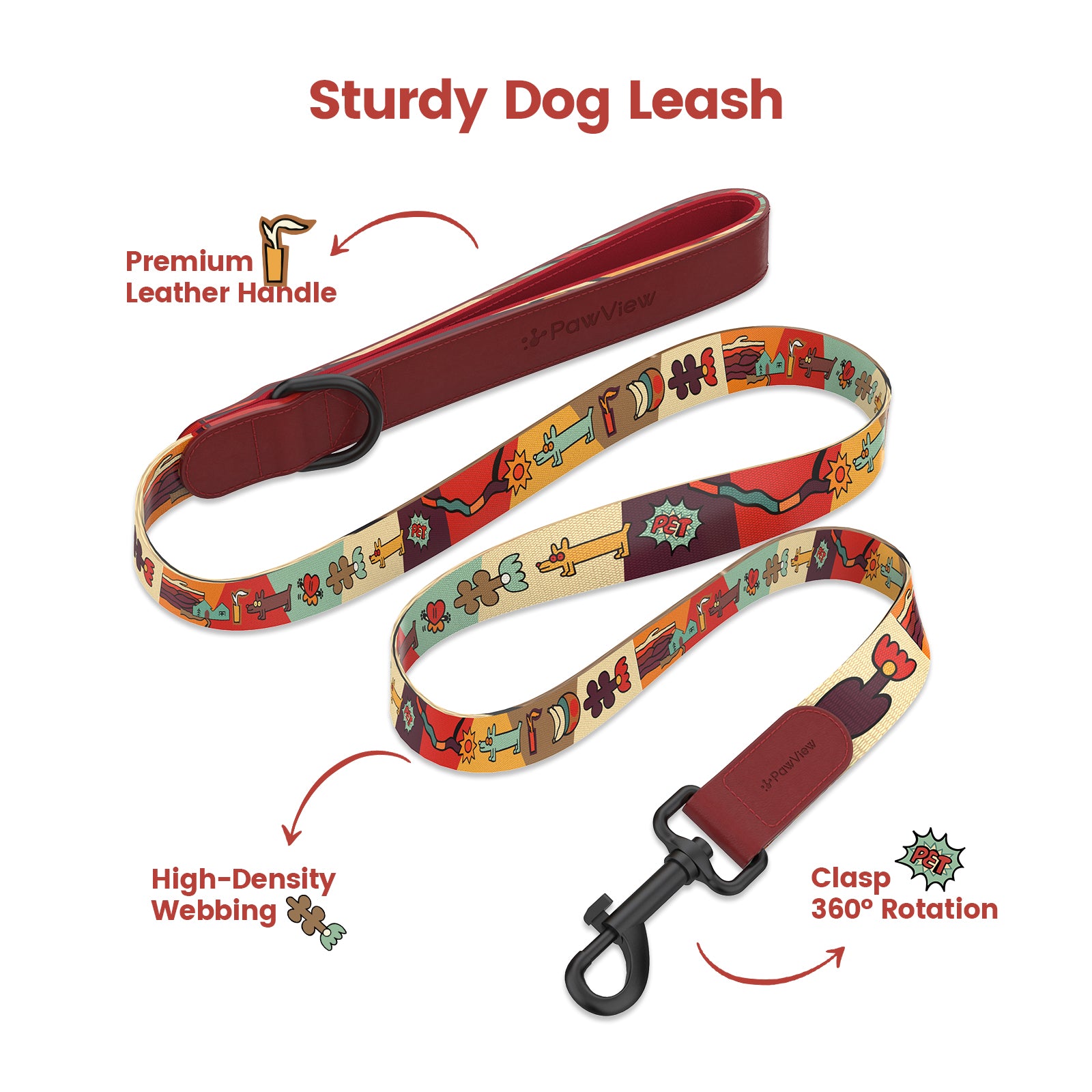 Dog collar and leash with smart ID tag – Adjustable, soft, padded, sturdy, comfortable set with cute pop art design for small, medium, and large dogs