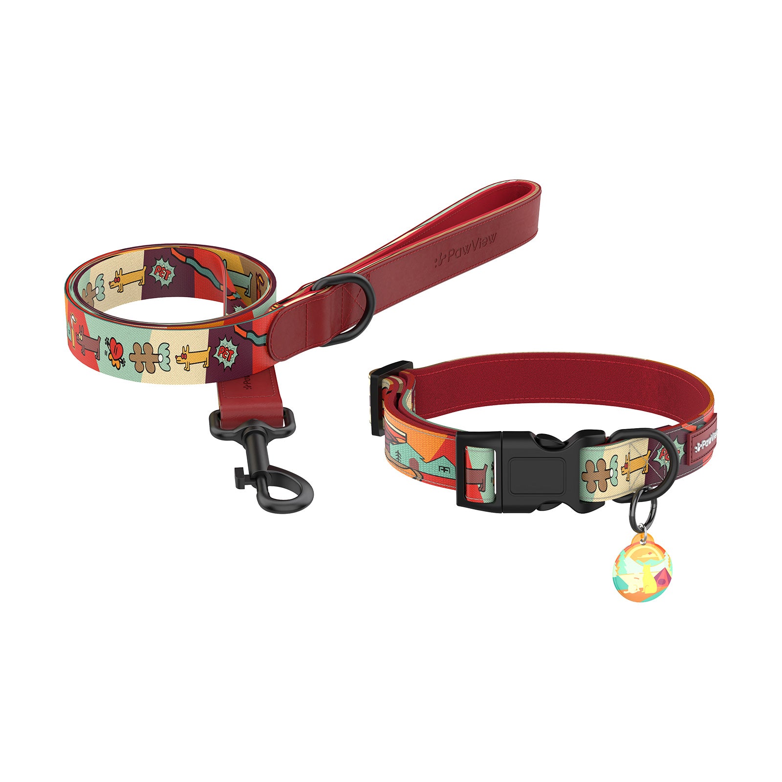 Dog collar and leash with smart ID tag – Adjustable, soft, padded, sturdy, comfortable set with cute pop art design for small, medium, and large dogs